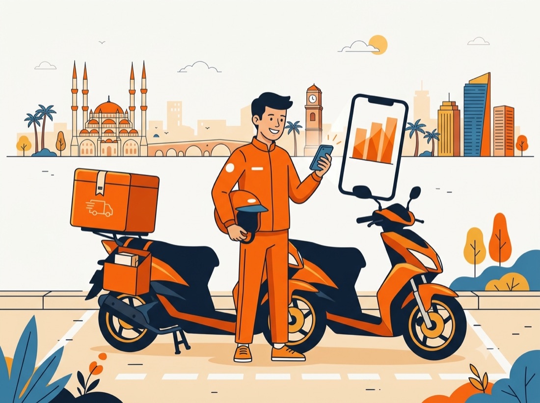 Telefonunda kazanç grafiğine bakan gülümseyen kurye illüstrasyonu